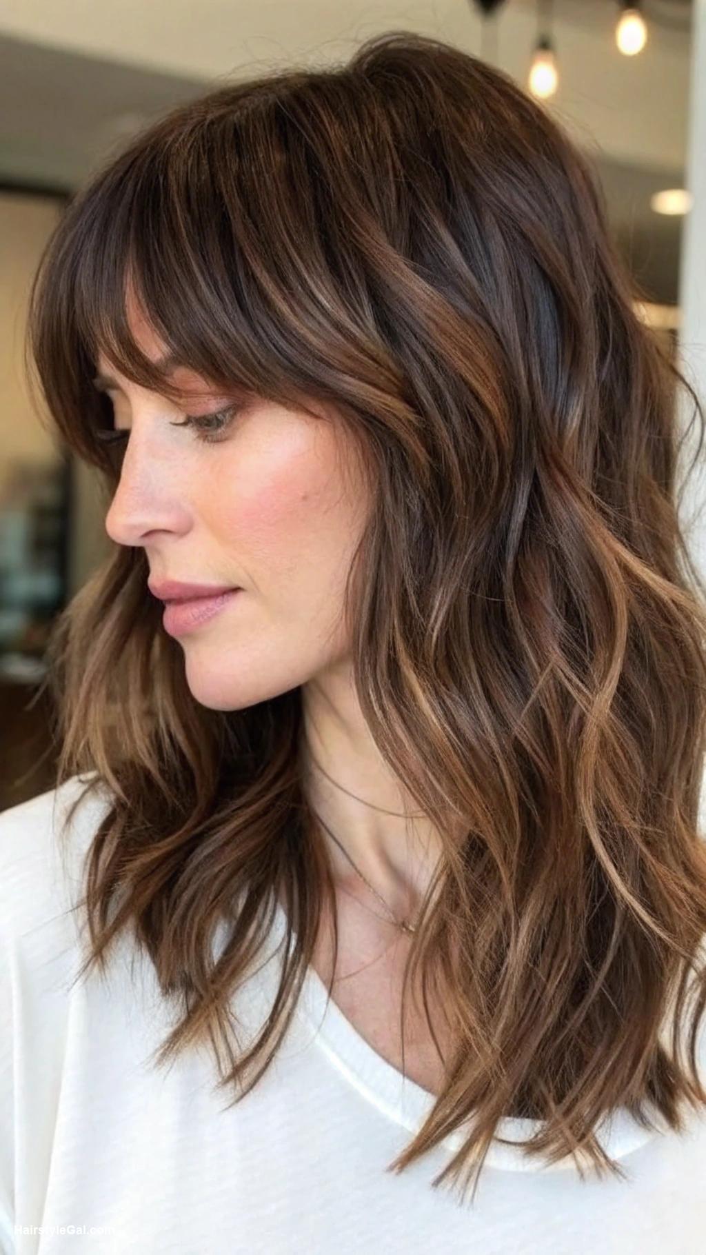 chubby face haircuts Shoulder Length Shag with Curtain Bangs