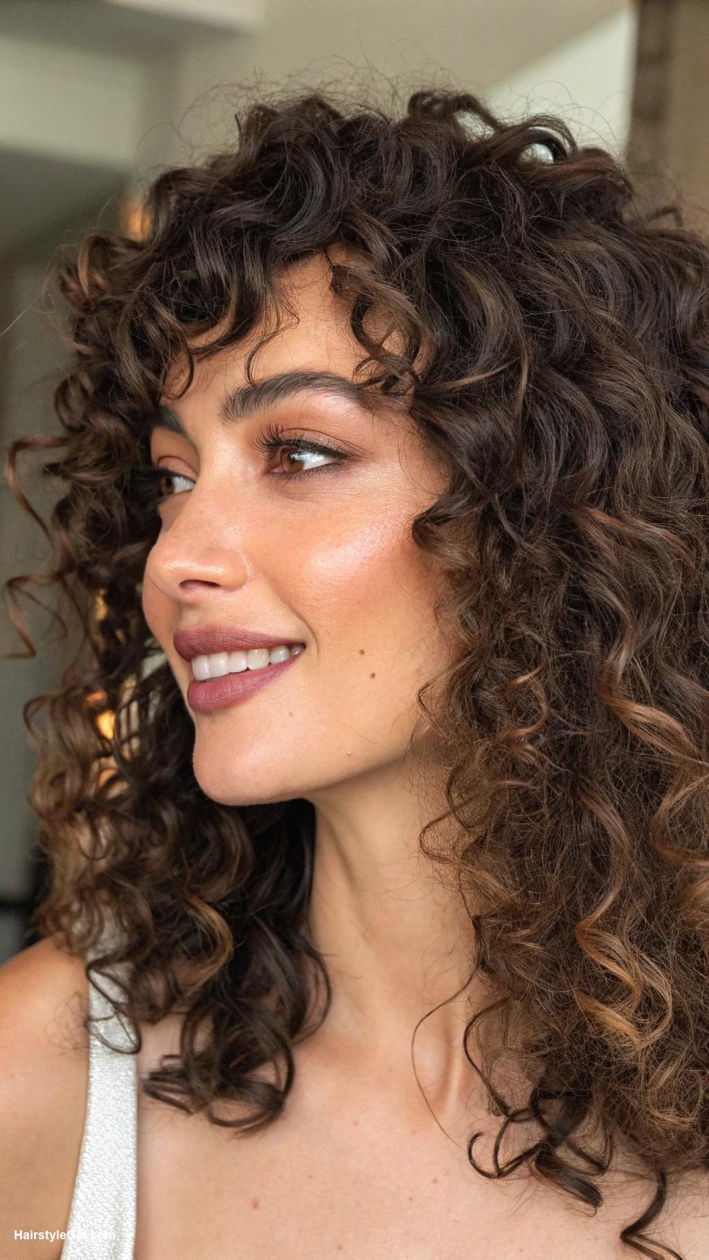 curly haircuts Textured curtain bangs with curls