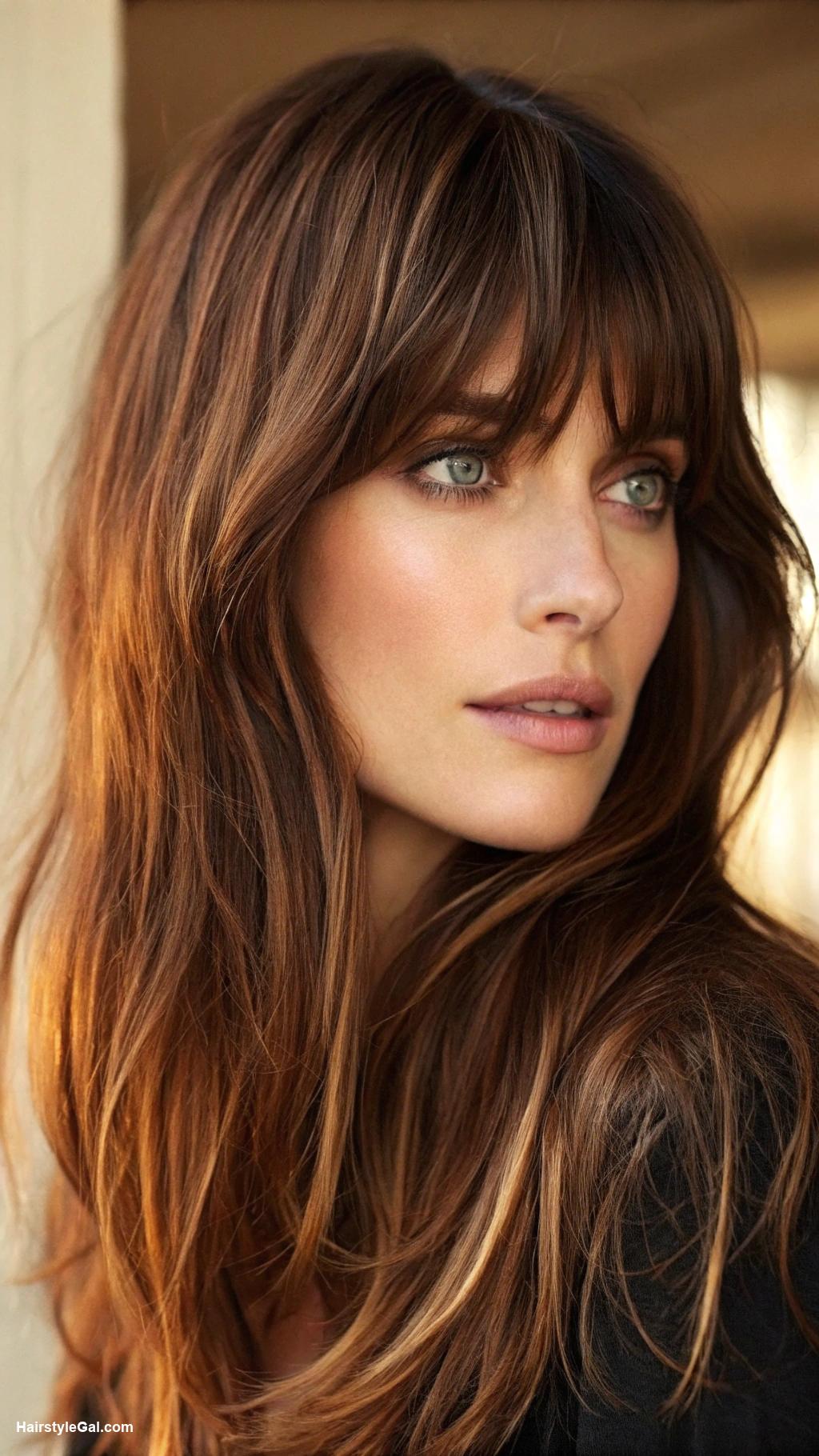 curtain bangs Curtain bangs with highlights that add dimension and brightness