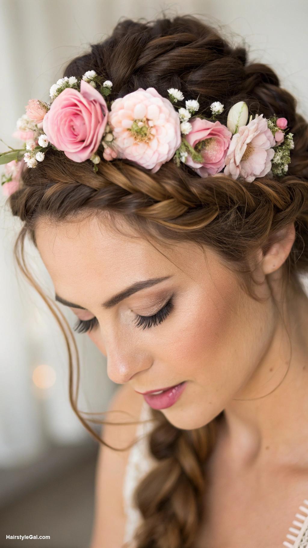 cute hairstyles Braided crown with floral accents