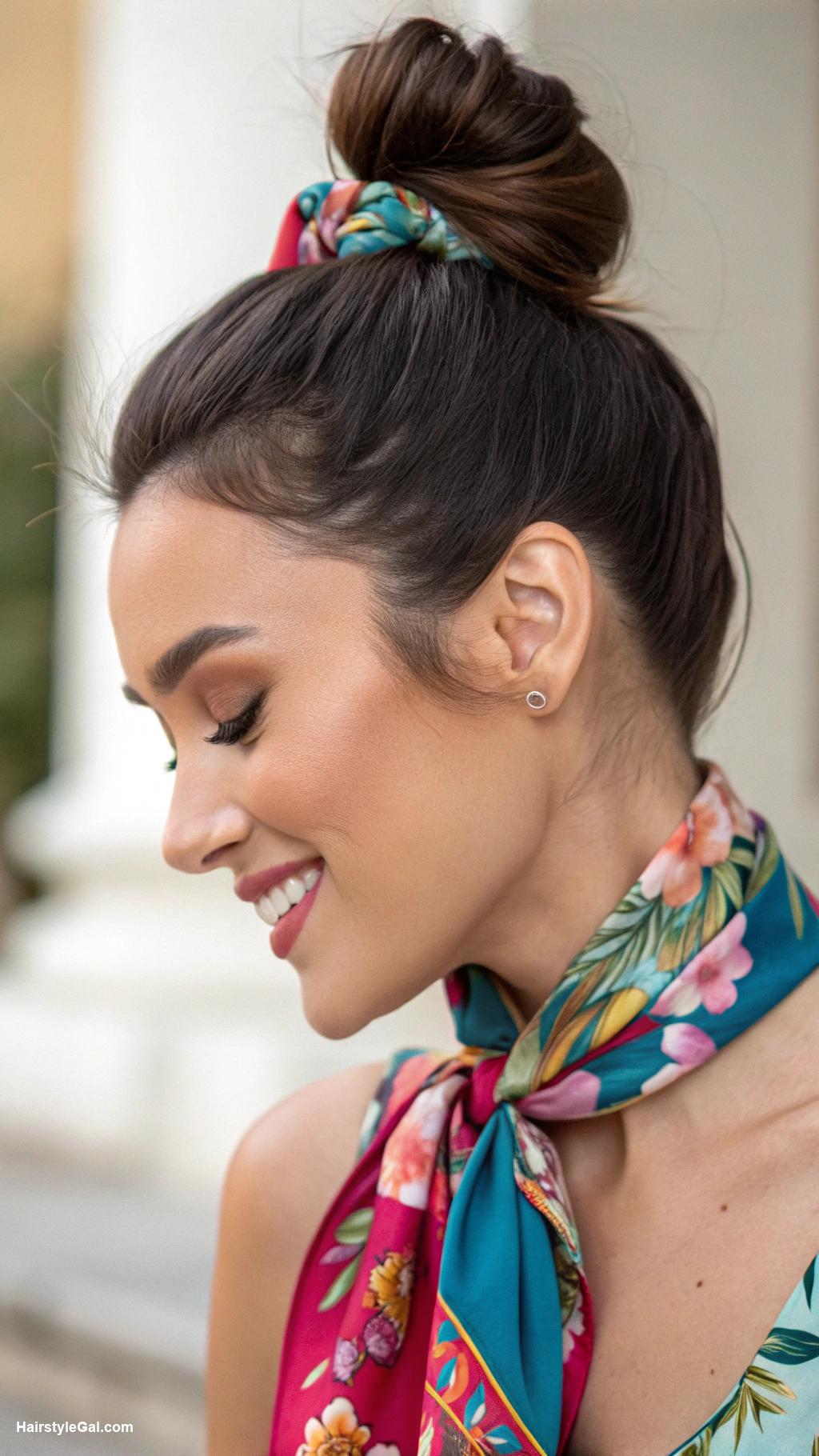 cute hairstyles Chic top knot with scarf