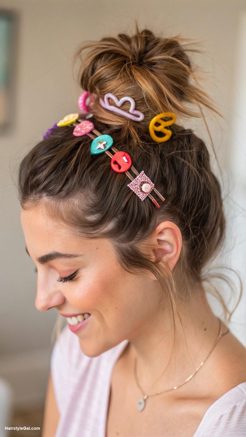 cute hairstyles Messy bun with colorful clips