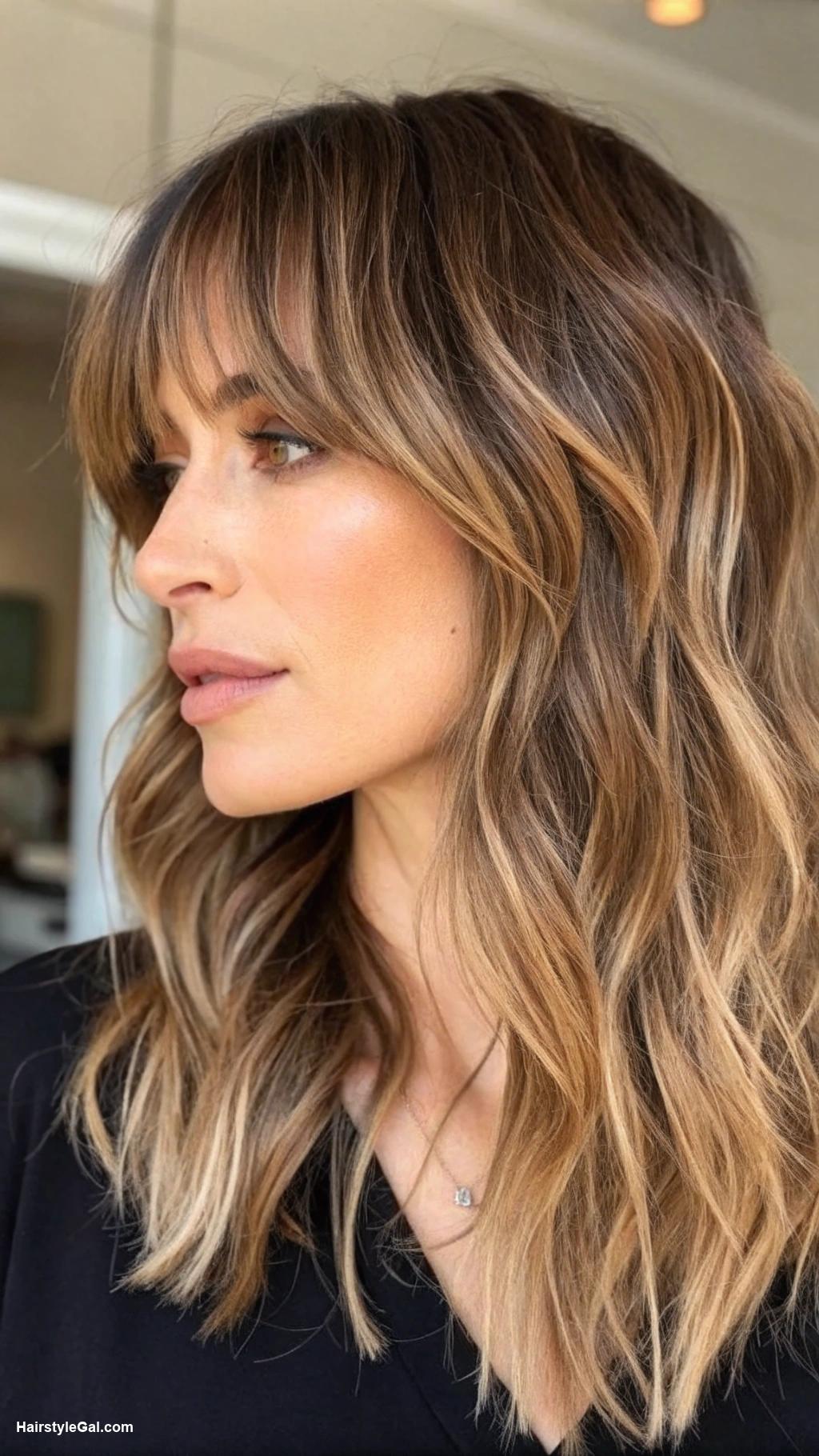 medium length haircut Textured shag with curtain bangs