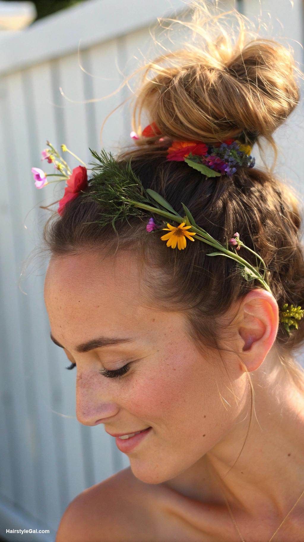 summer hair ideas Messy bun with a floral accessory