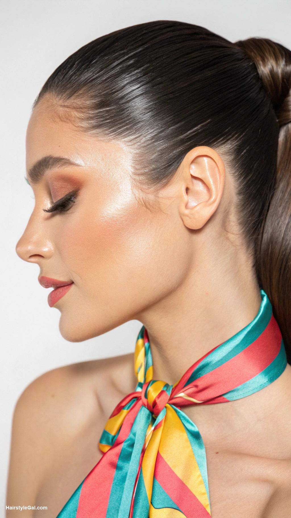 summer hair ideas Sleek ponytail with a colorful scarf
