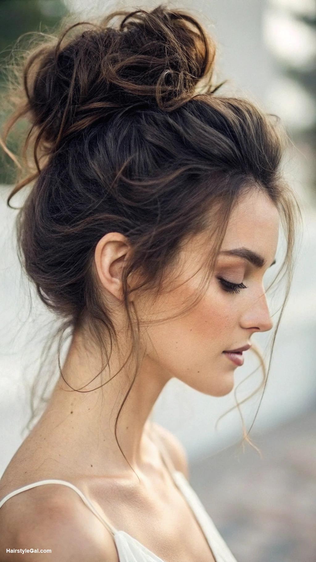 thick hairstyles Messy bun with face framing