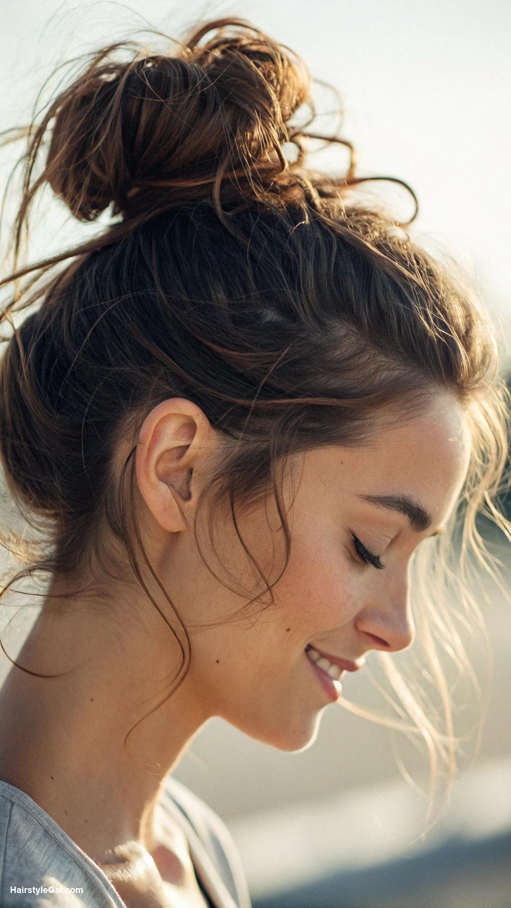 wavy hairstyles Messy bun with wavy tendrils