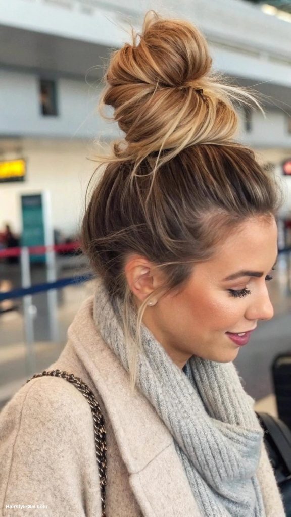 airport hairstyles Chic top knot for easy travel