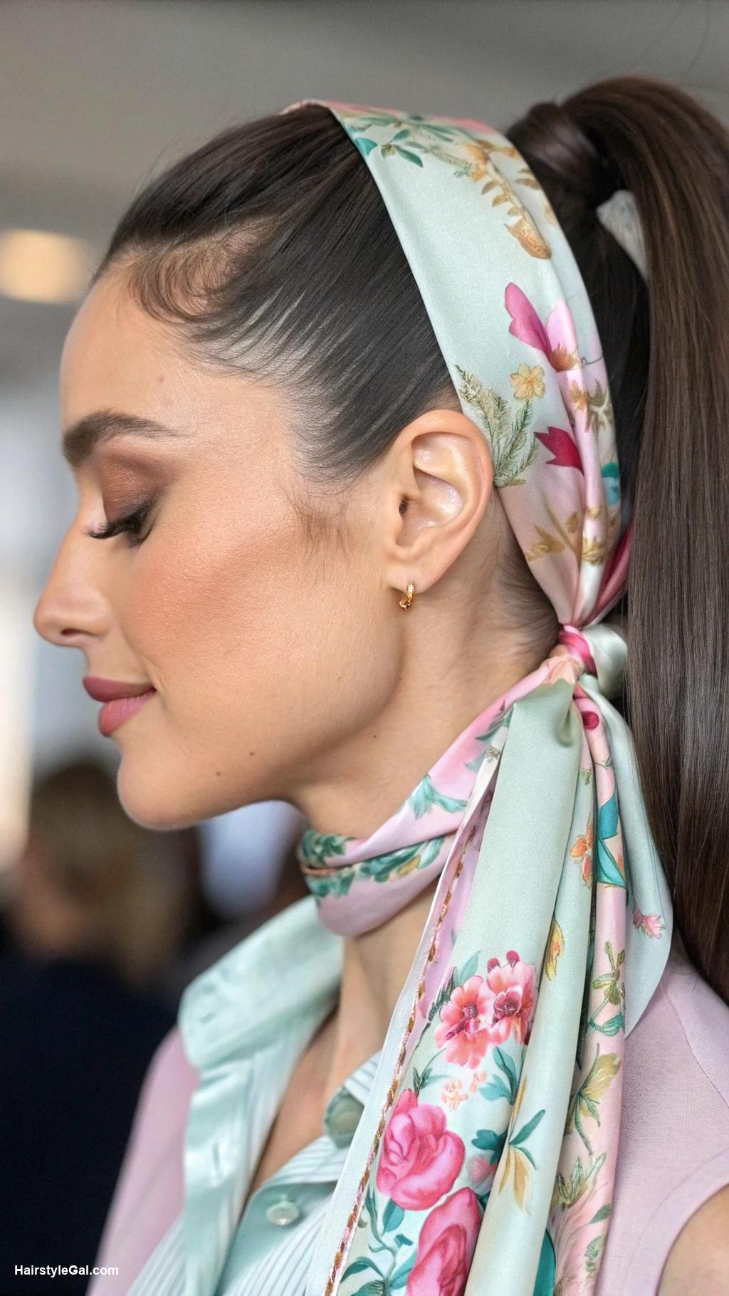 airport hairstyles Low ponytail with scarf wrap