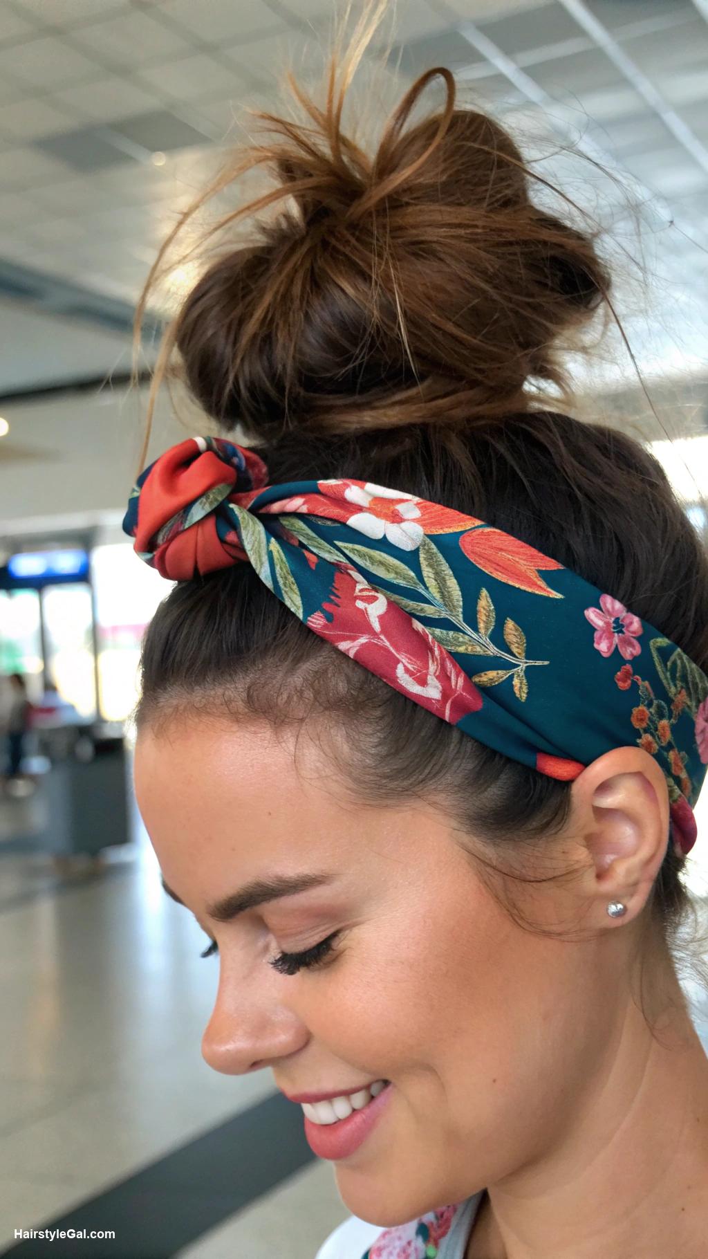 airport hairstyles Messy bun with stylish headband