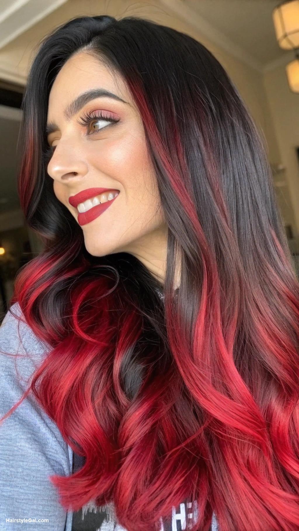 balayage hair Vibrant red balayage on black hair