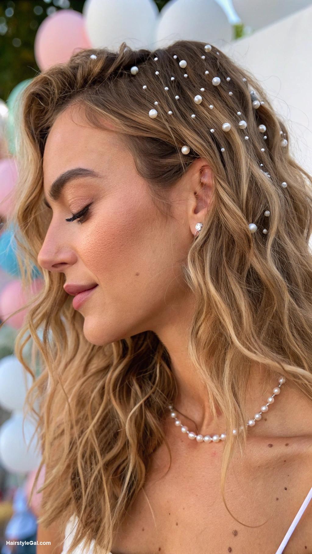 birthday party hairstyles Beachy waves with mini pearls