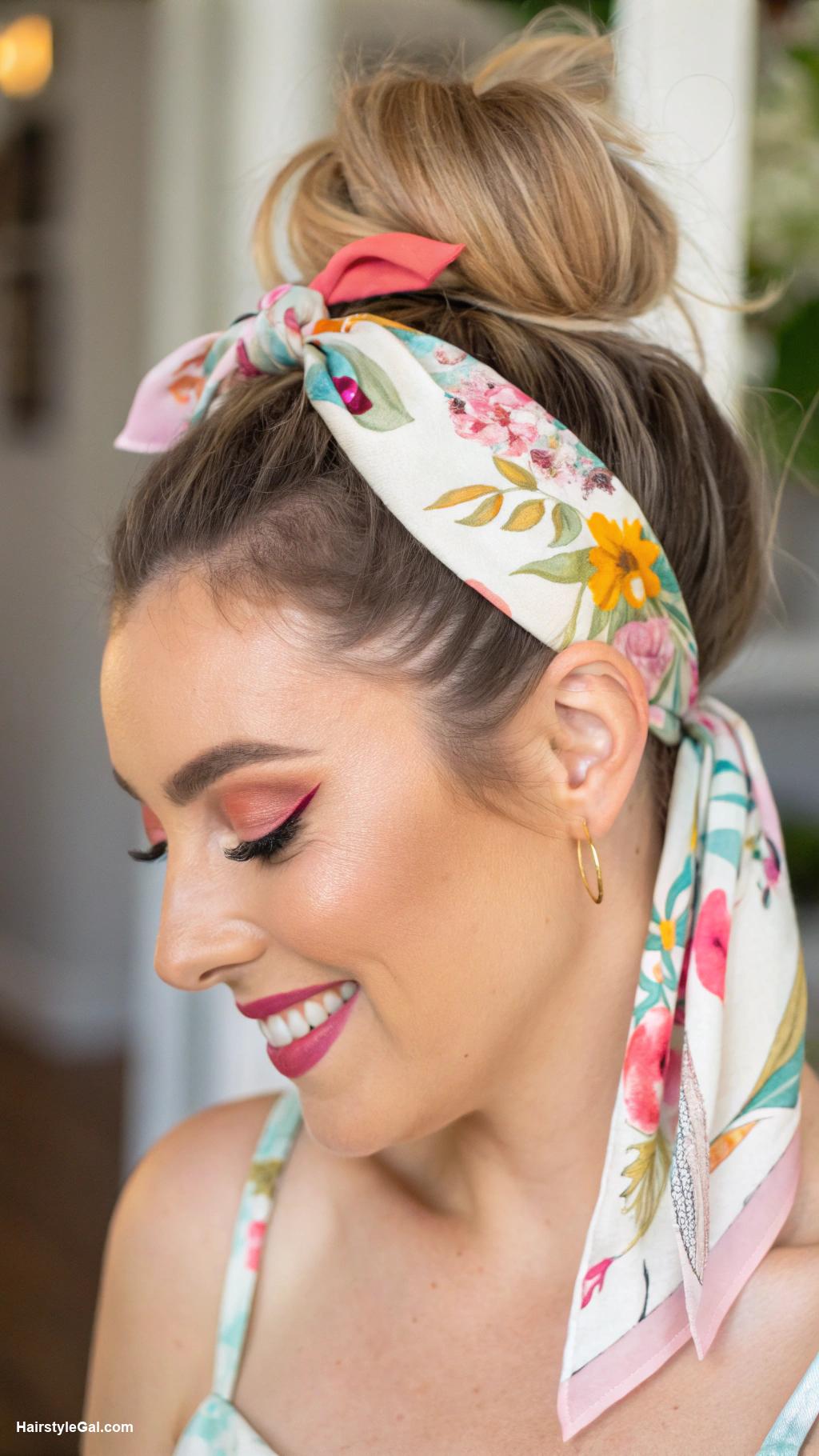 birthday party hairstyles Chic top knot with hair scarf