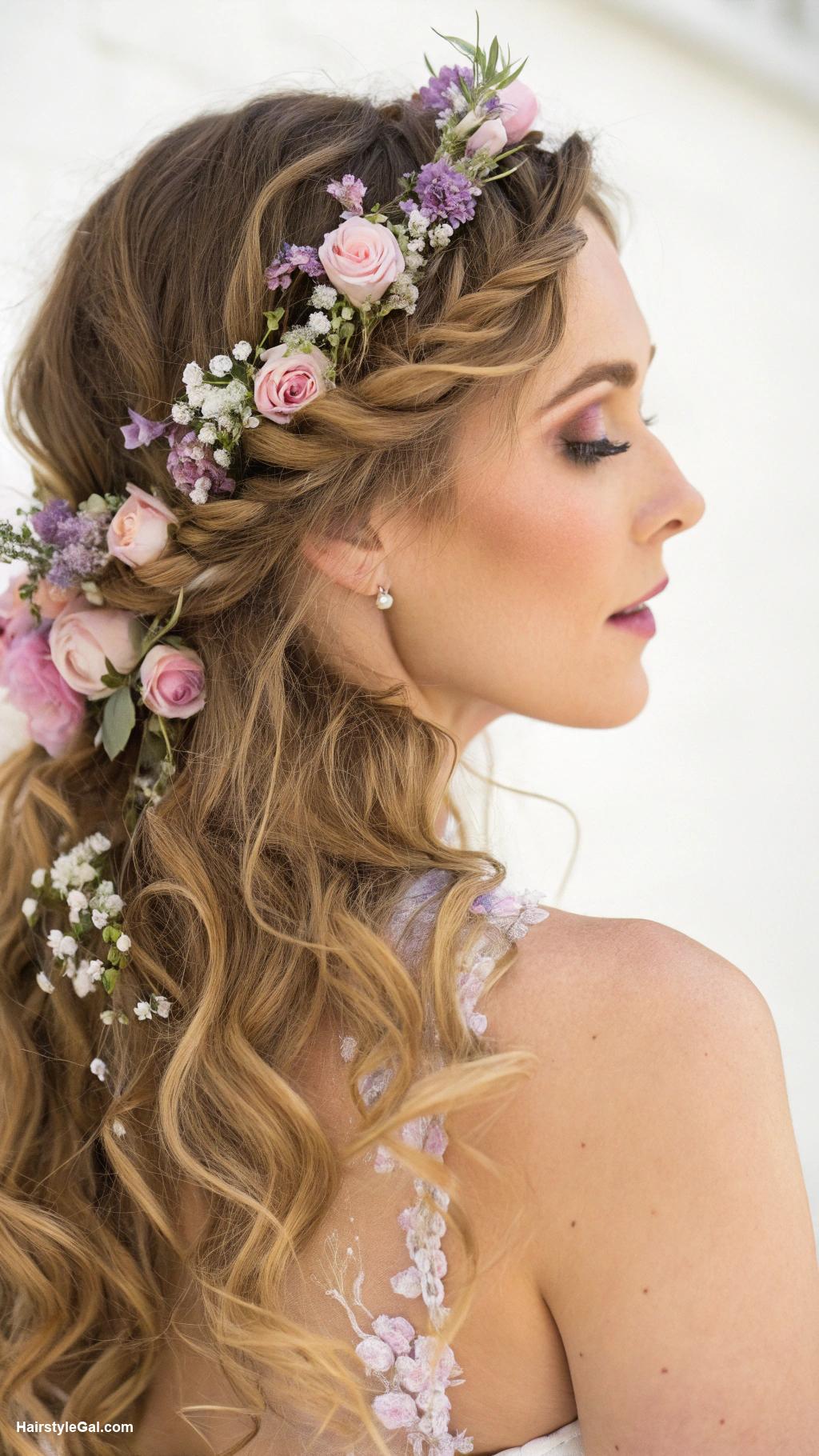 birthday party hairstyles Loose waves with floral accents