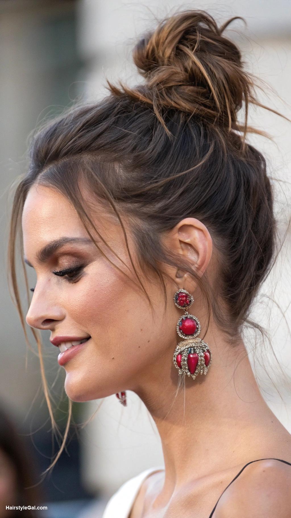 birthday party hairstyles Messy bun with statement earrings