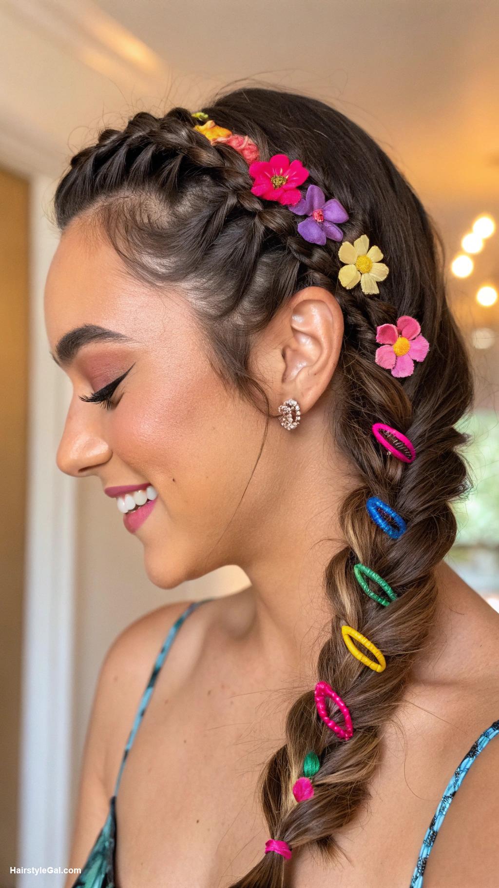 birthday party hairstyles Side braid with colorful clips
