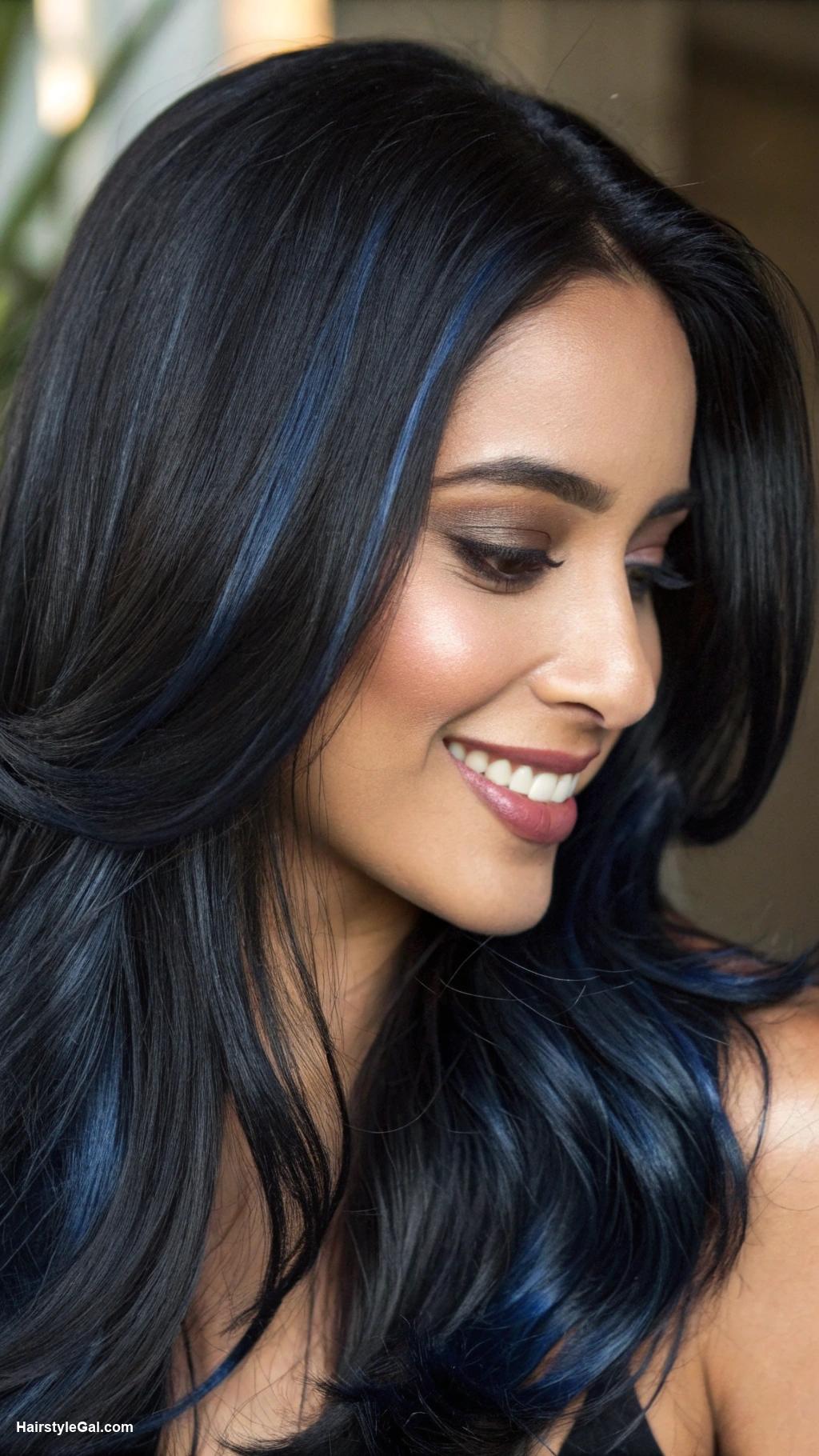 black hair shades Midnight Blue Highlights