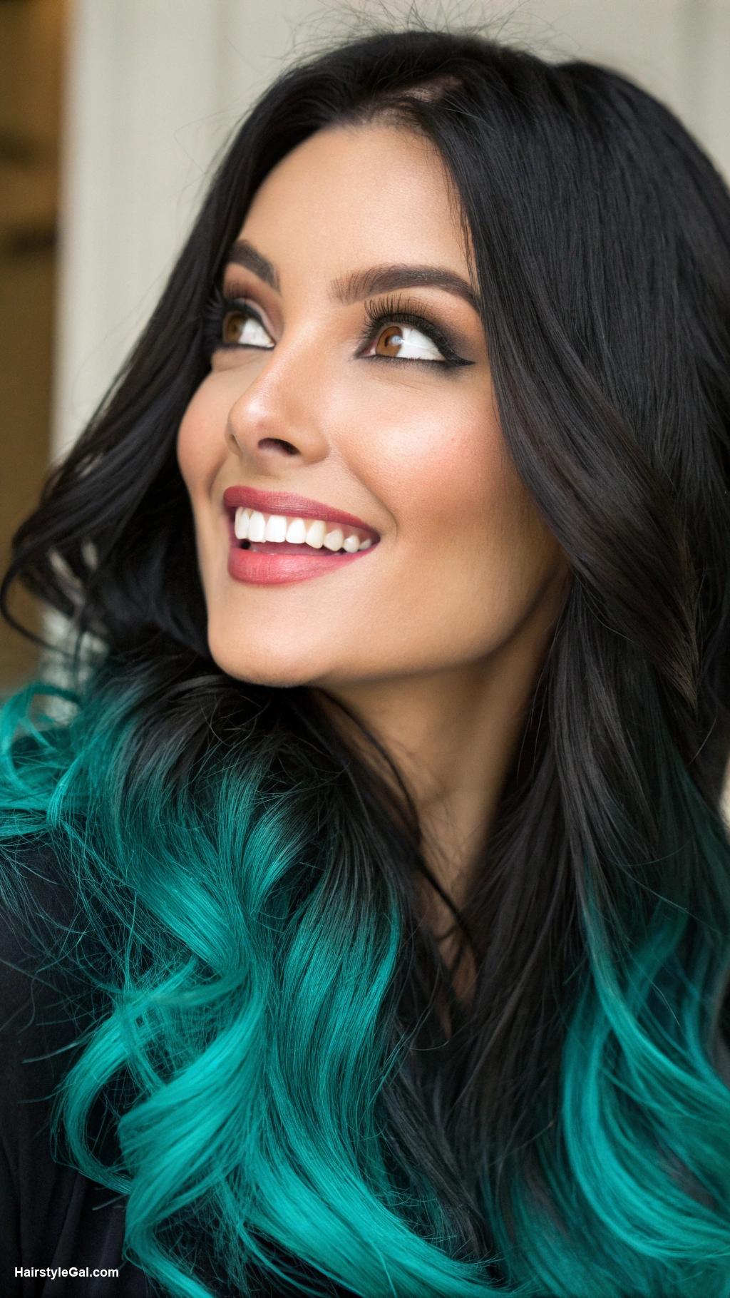 black hair shades Vibrant Teal Tips