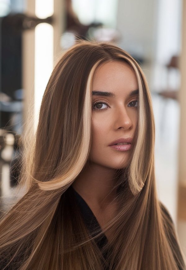 brown money piece hair highlight with blonde
