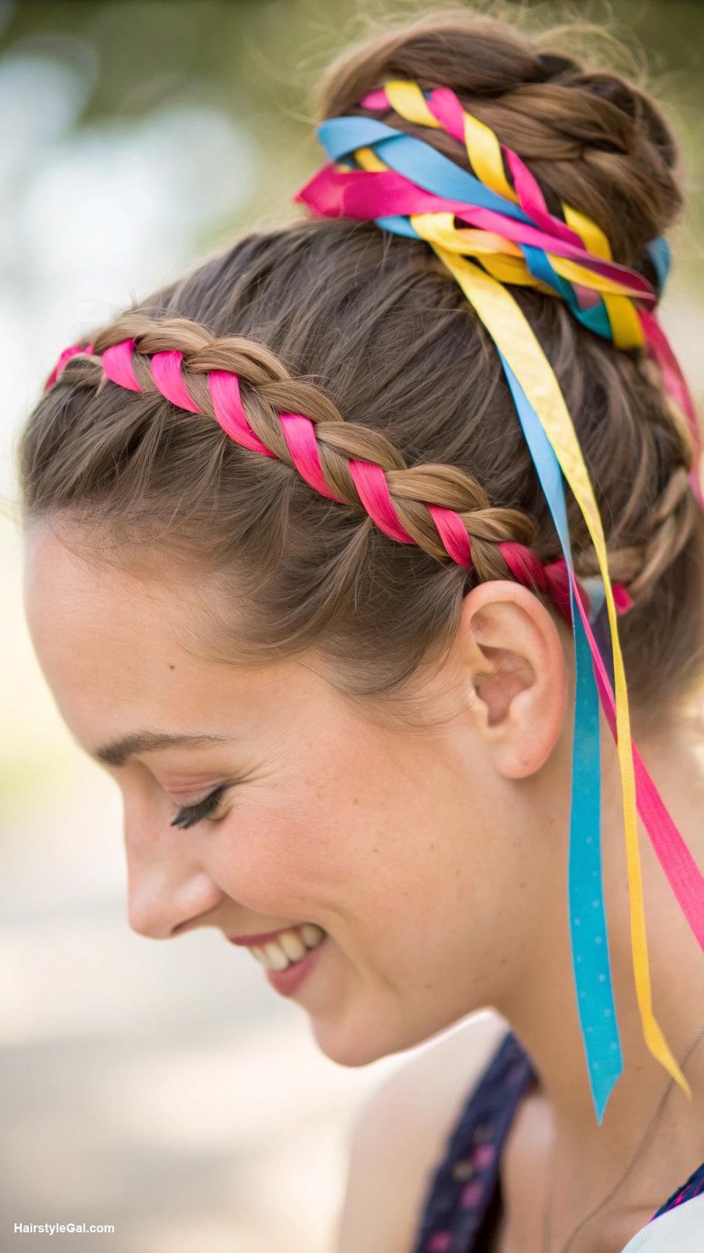 bun hairstyles Braided bun with colorful ribbons
