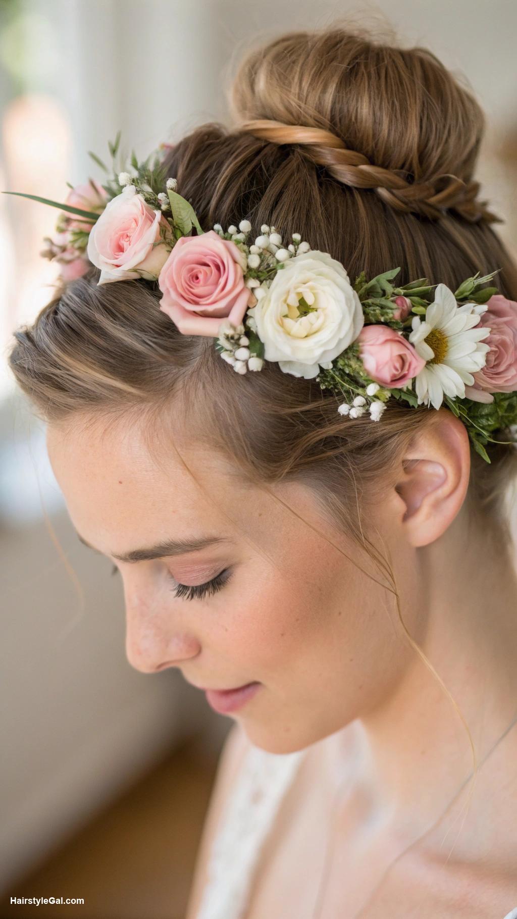 bun hairstyles Flower crown atop a bun