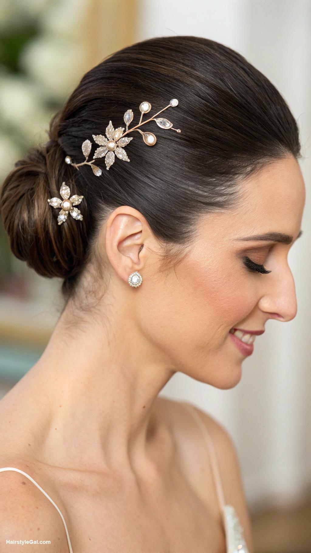 bun hairstyles Low chignon with decorative pins