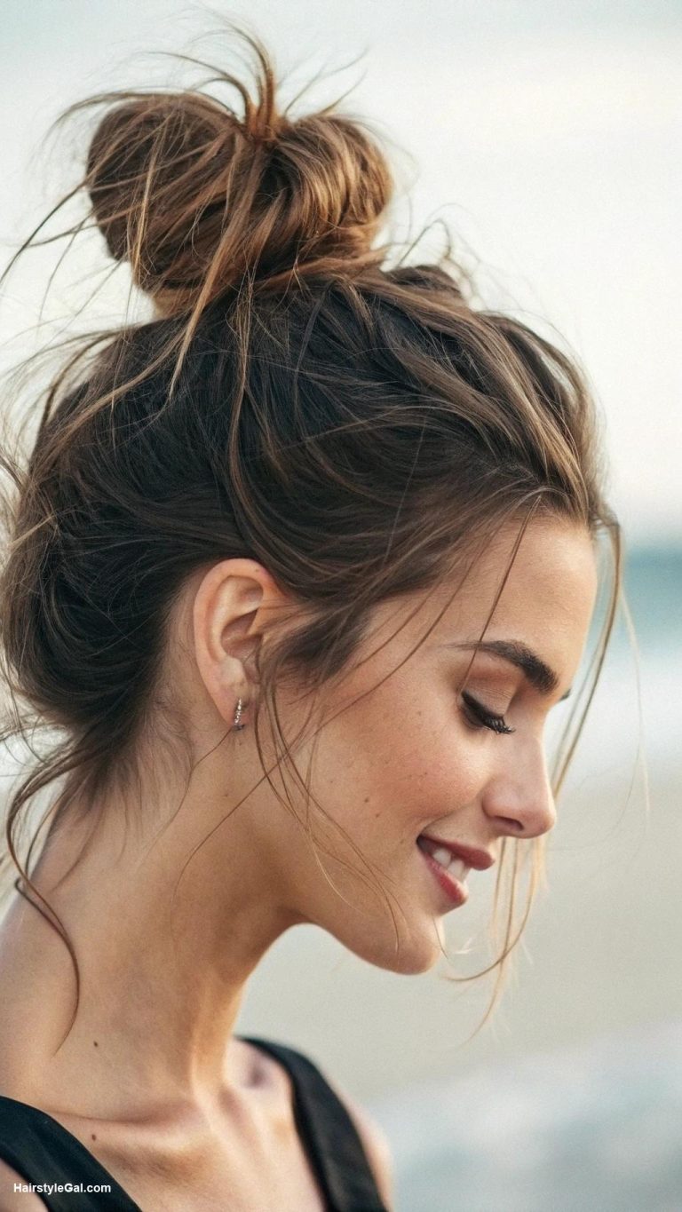 bun hairstyles Messy bun with loose strands