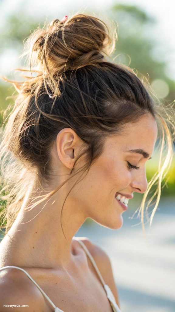 easy summer hairstyles Messy bun with loose strands