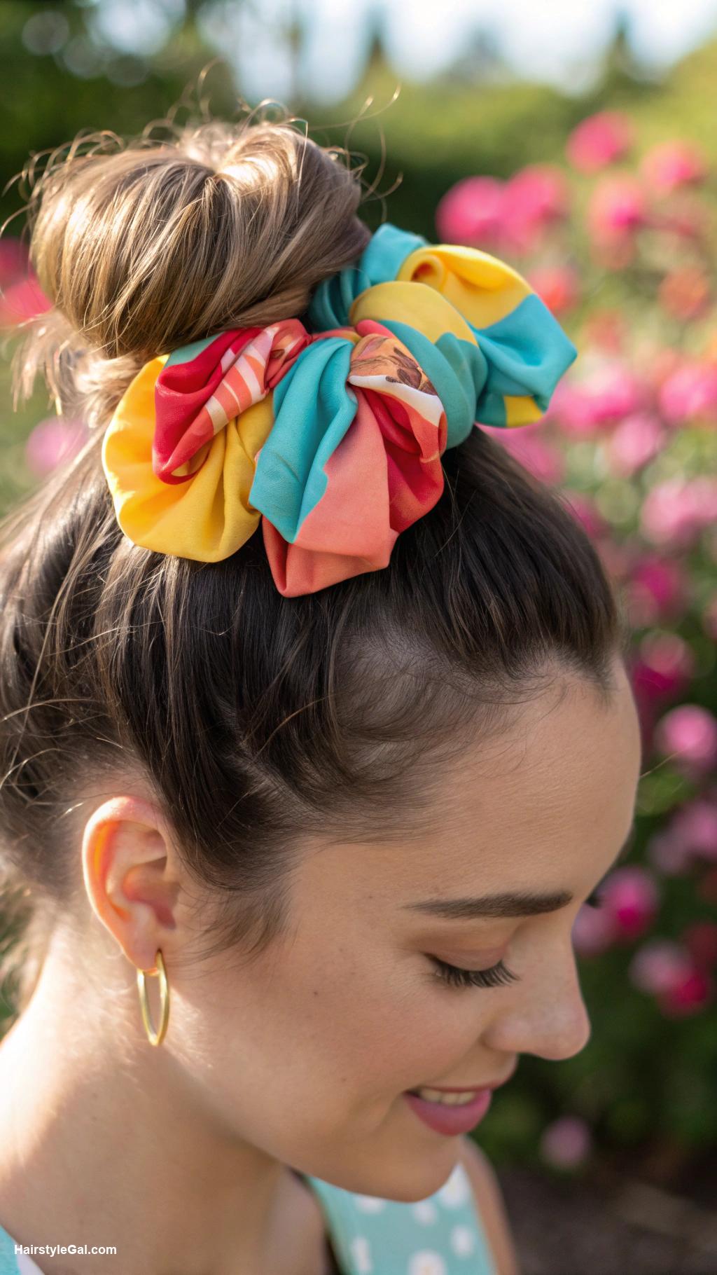 easy summer hairstyles Top knot with colorful scrunchie