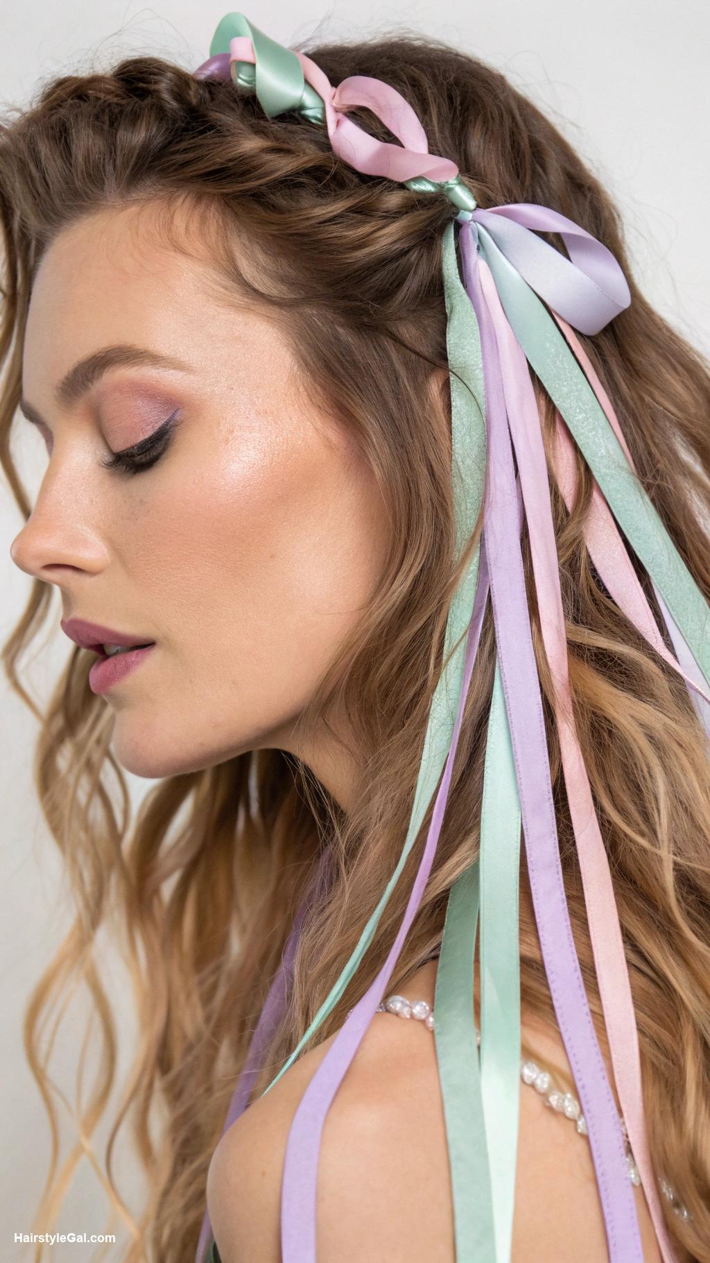fairycore hair Soft pastel ribbons in loose waves