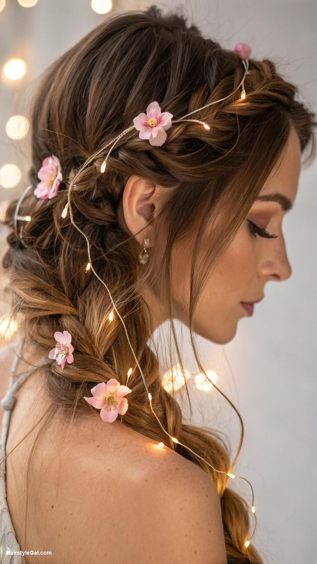fairycore hair Waterfall braid with fairy lights