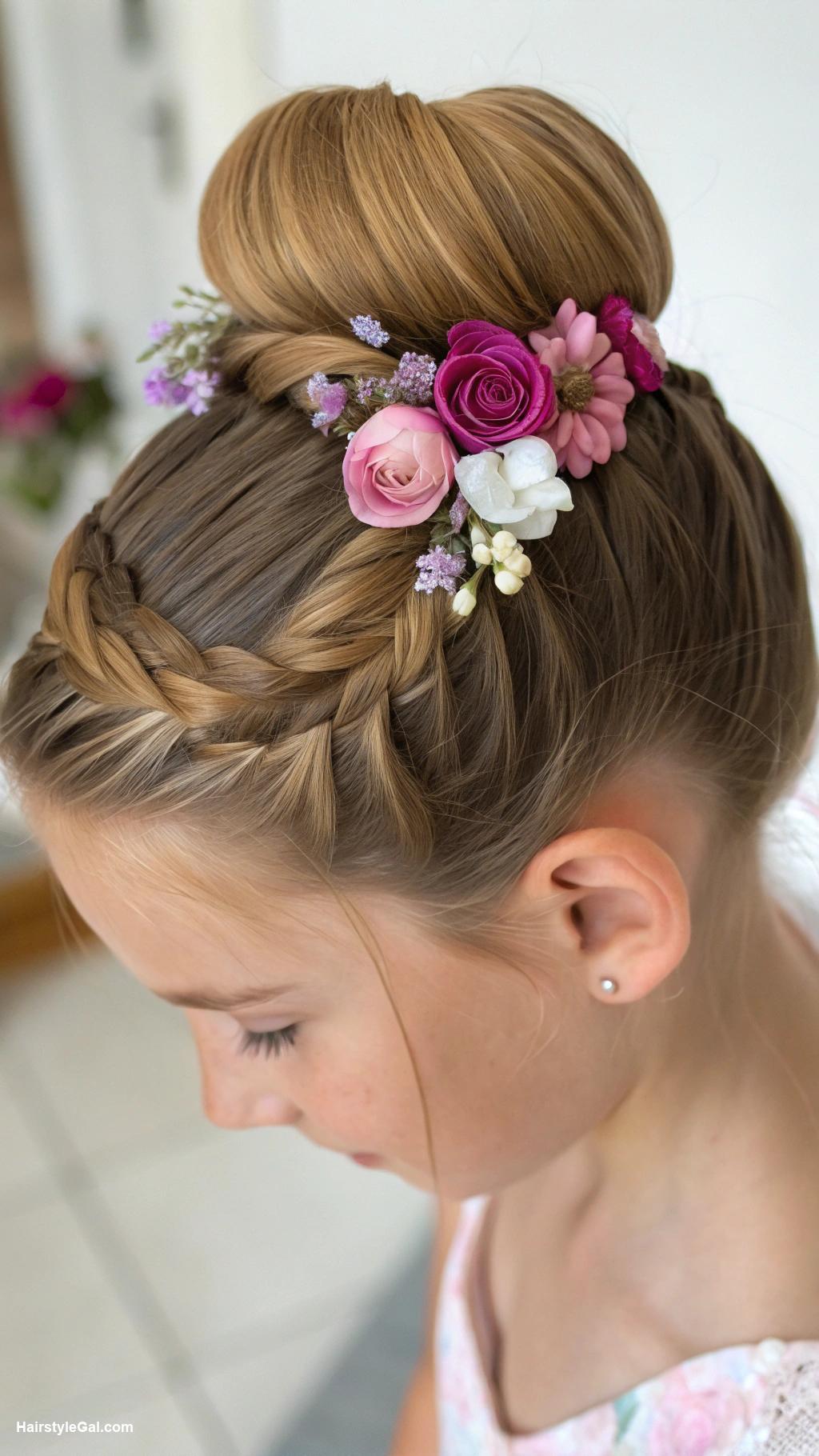little girl haircuts Twisted bun with floral accessories
