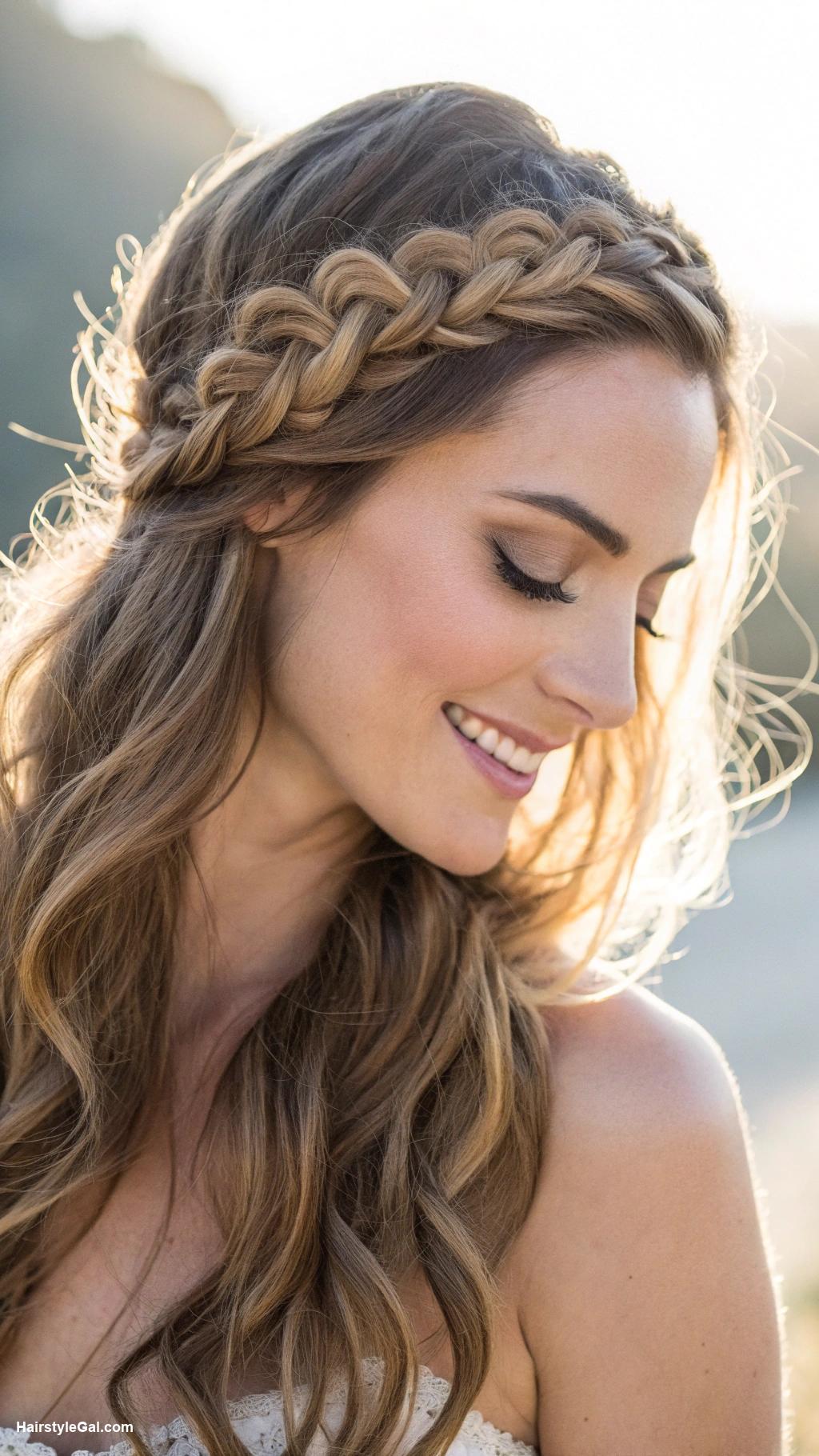 middle part hairstyles Braided crown with loose waves
