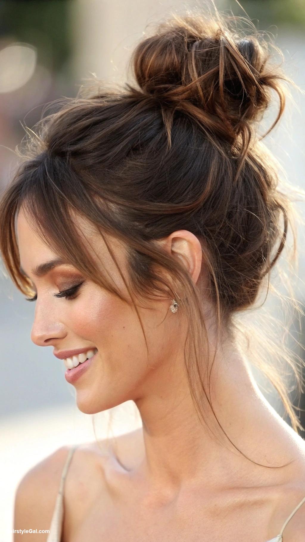 middle part hairstyles Messy bun with face framing strands
