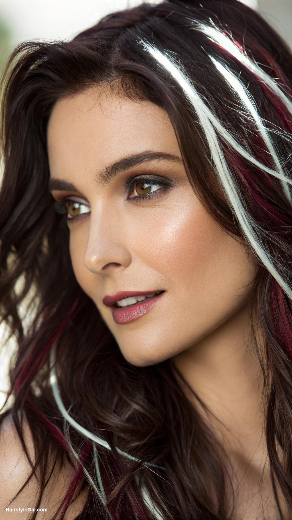 money piece hair highlights Bright white streaks with dark hair