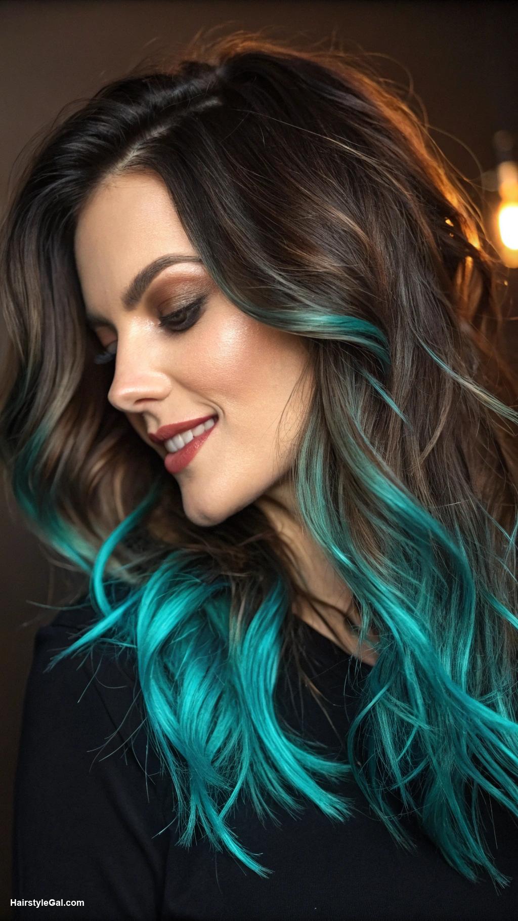 money piece hair highlights Electric teal on dark base
