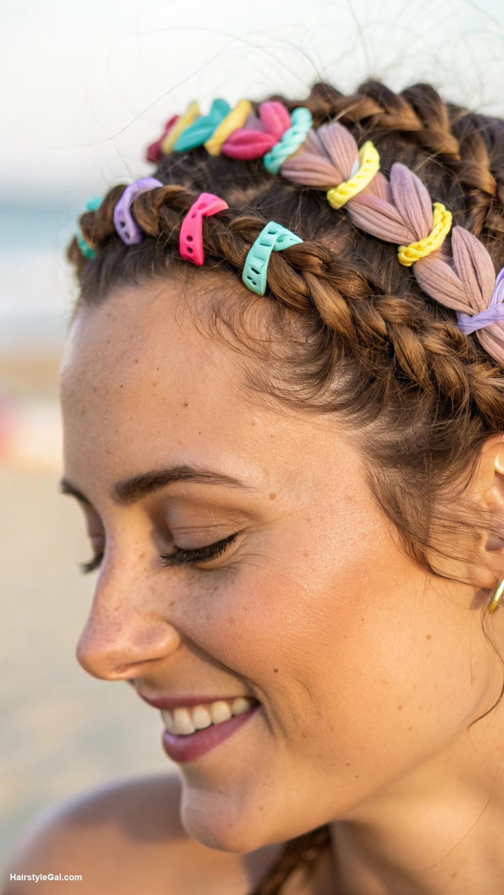 pool day hairstyles Braided crown with colorful clips