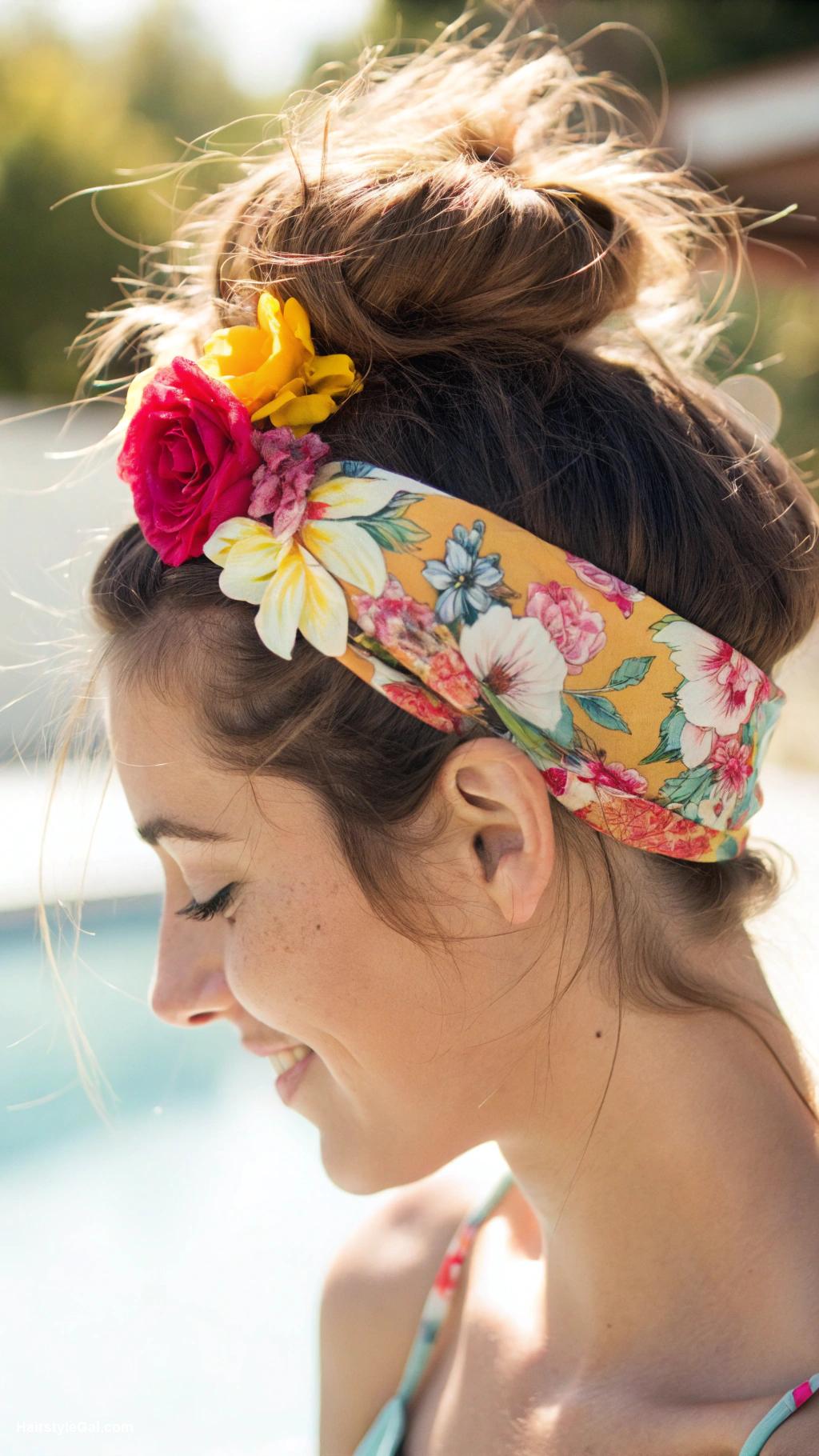 pool day hairstyles Messy bun with floral headband