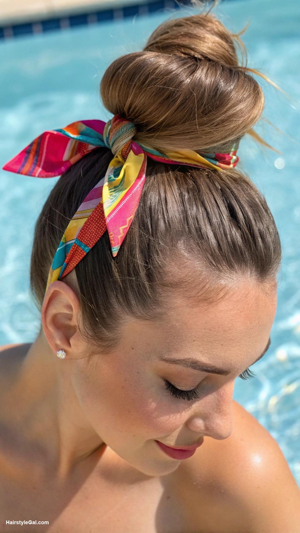pool day hairstyles Twisted top knot with ribbon