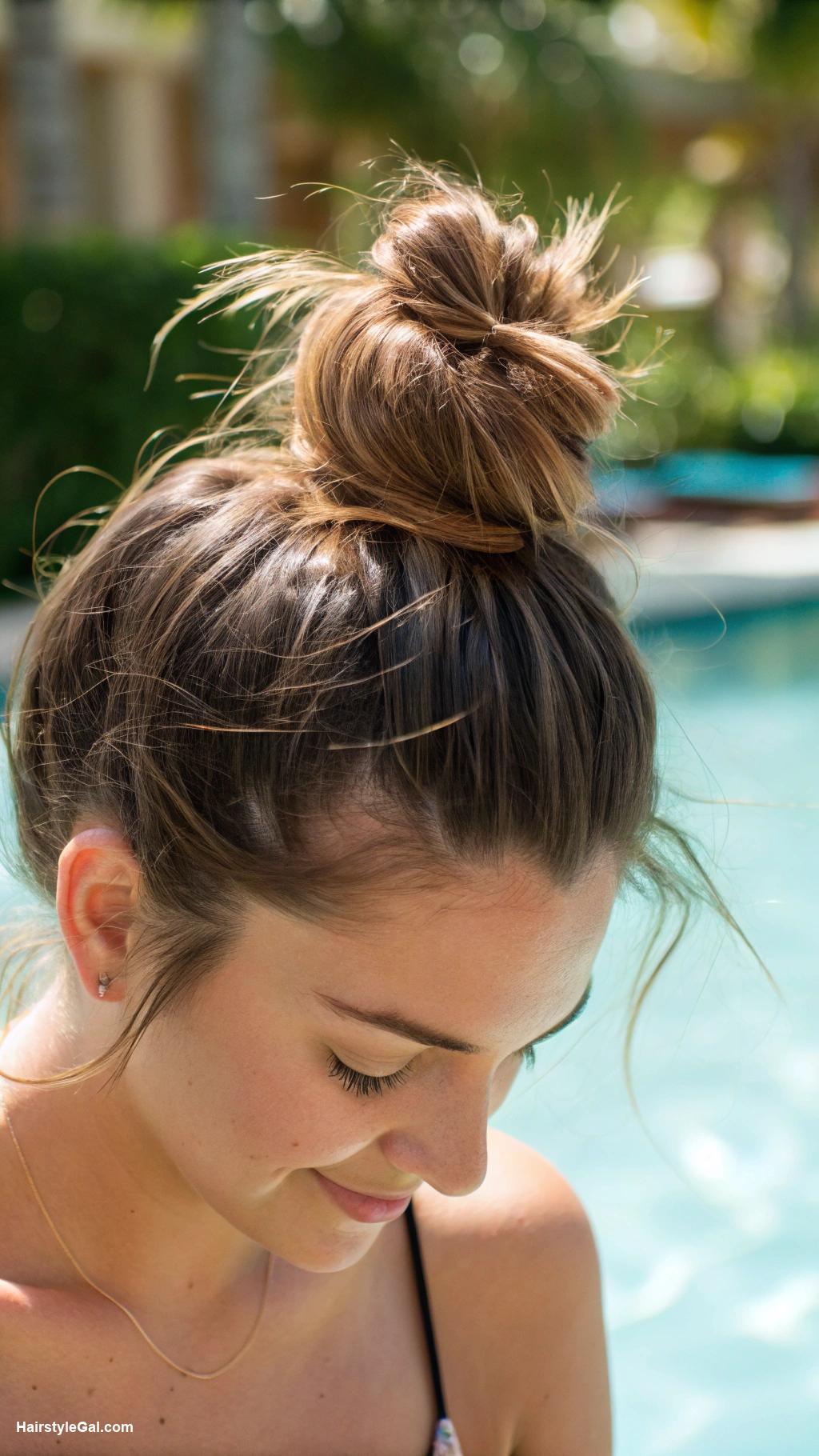 swimming hairstyles Messy Top Knot