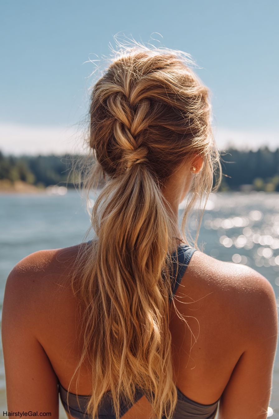 Lake day hairstyle half braid half ponytail dirty blonde hair