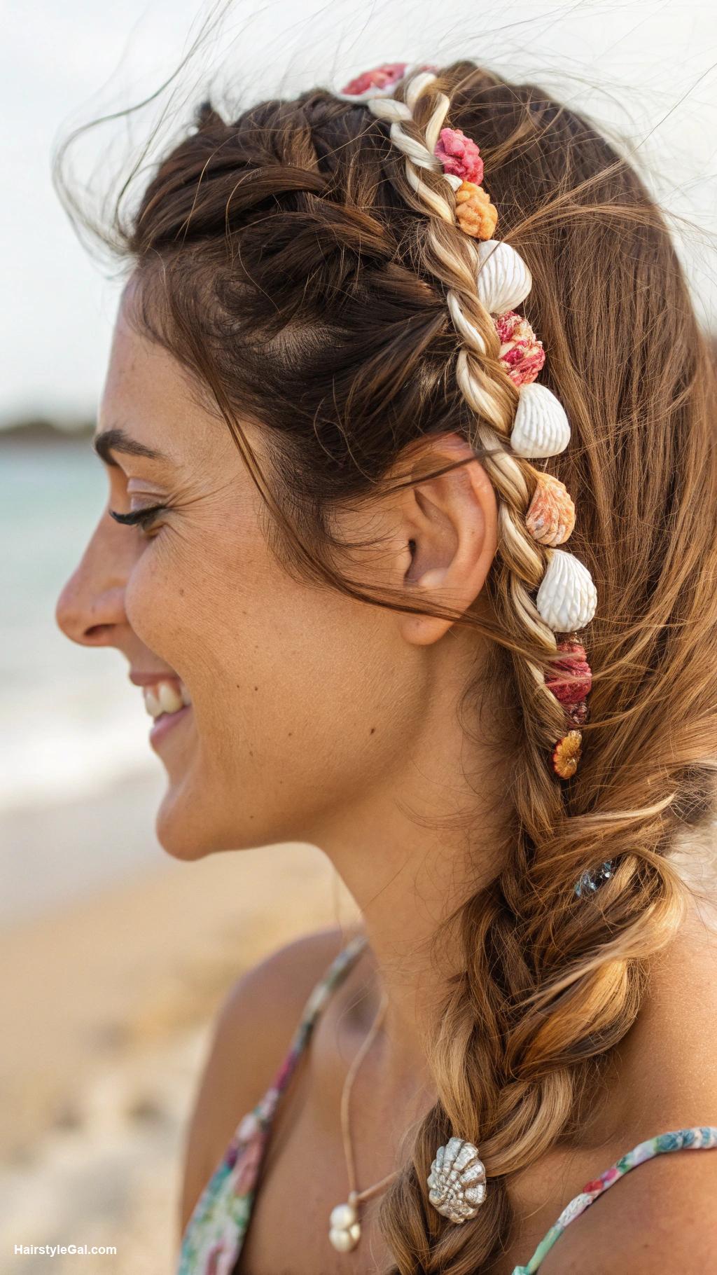 beach hairstyles Side braid with seashells