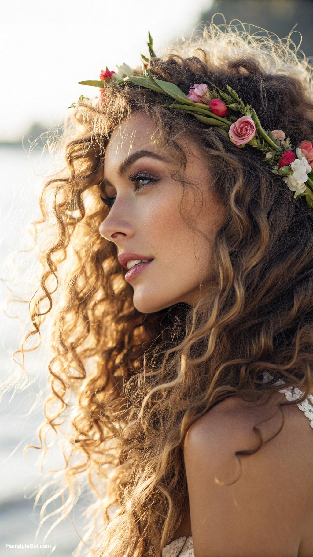 beachy waves hair Curly waves with floral accessory