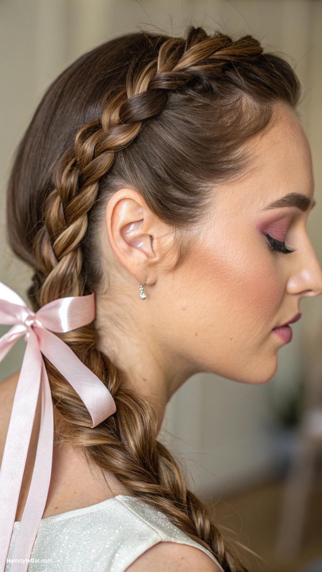 easy hairstyles Braided ponytail with ribbon