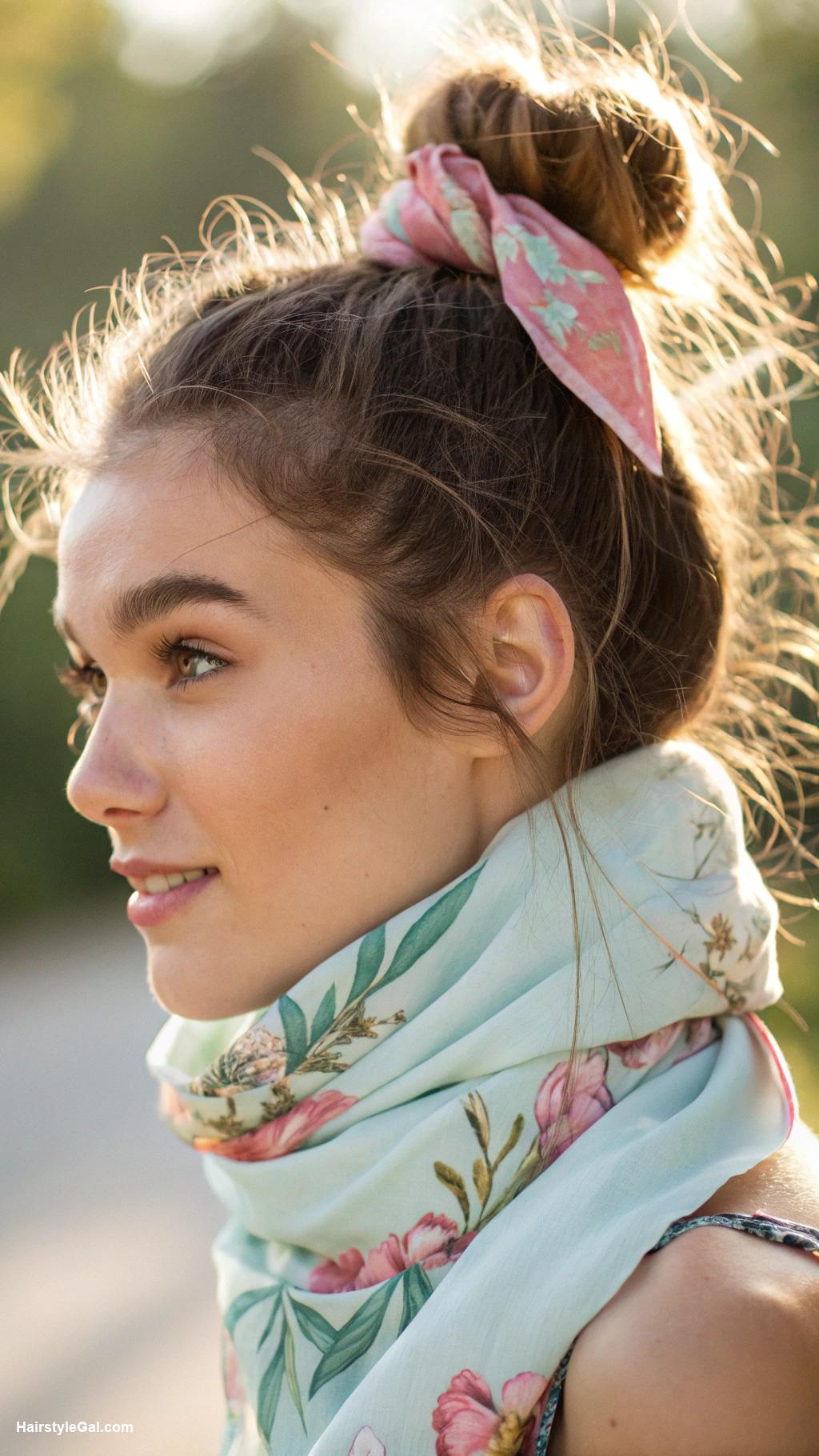 easy hairstyles Messy bun with hair scarf