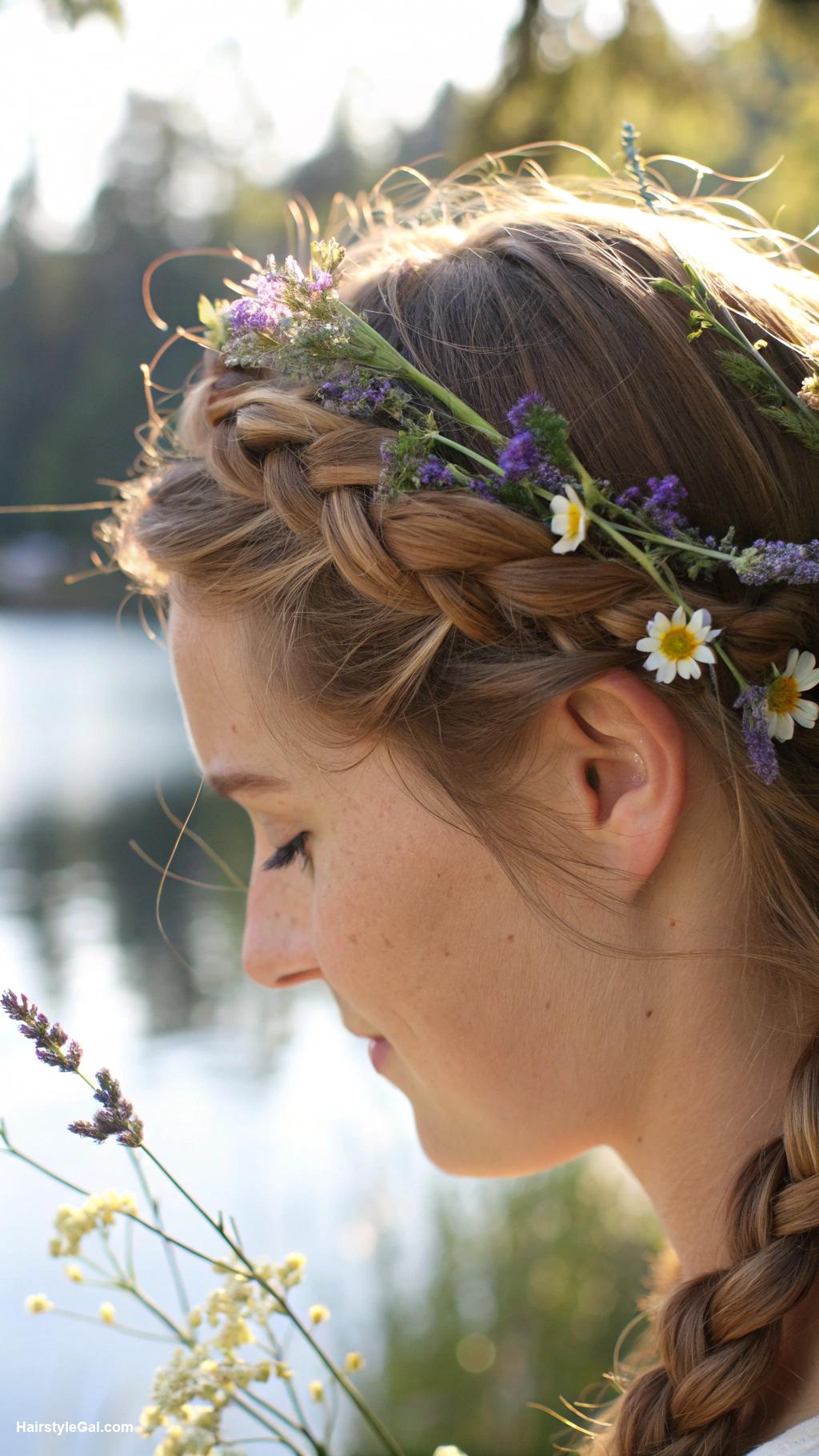 lake day hairstyles Braided crown with floral accents
