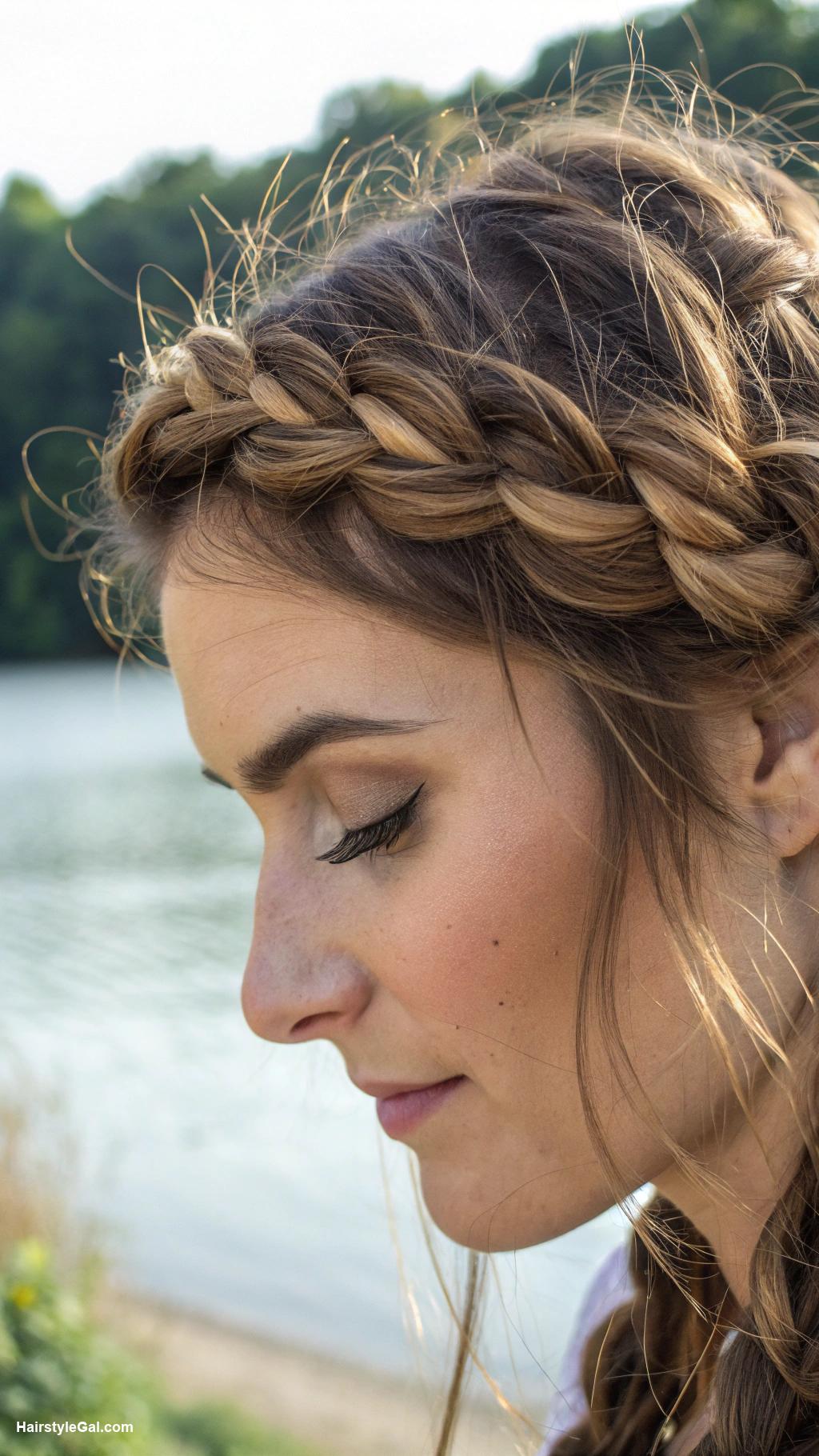 lake day hairstyles Braided crown with loose strands