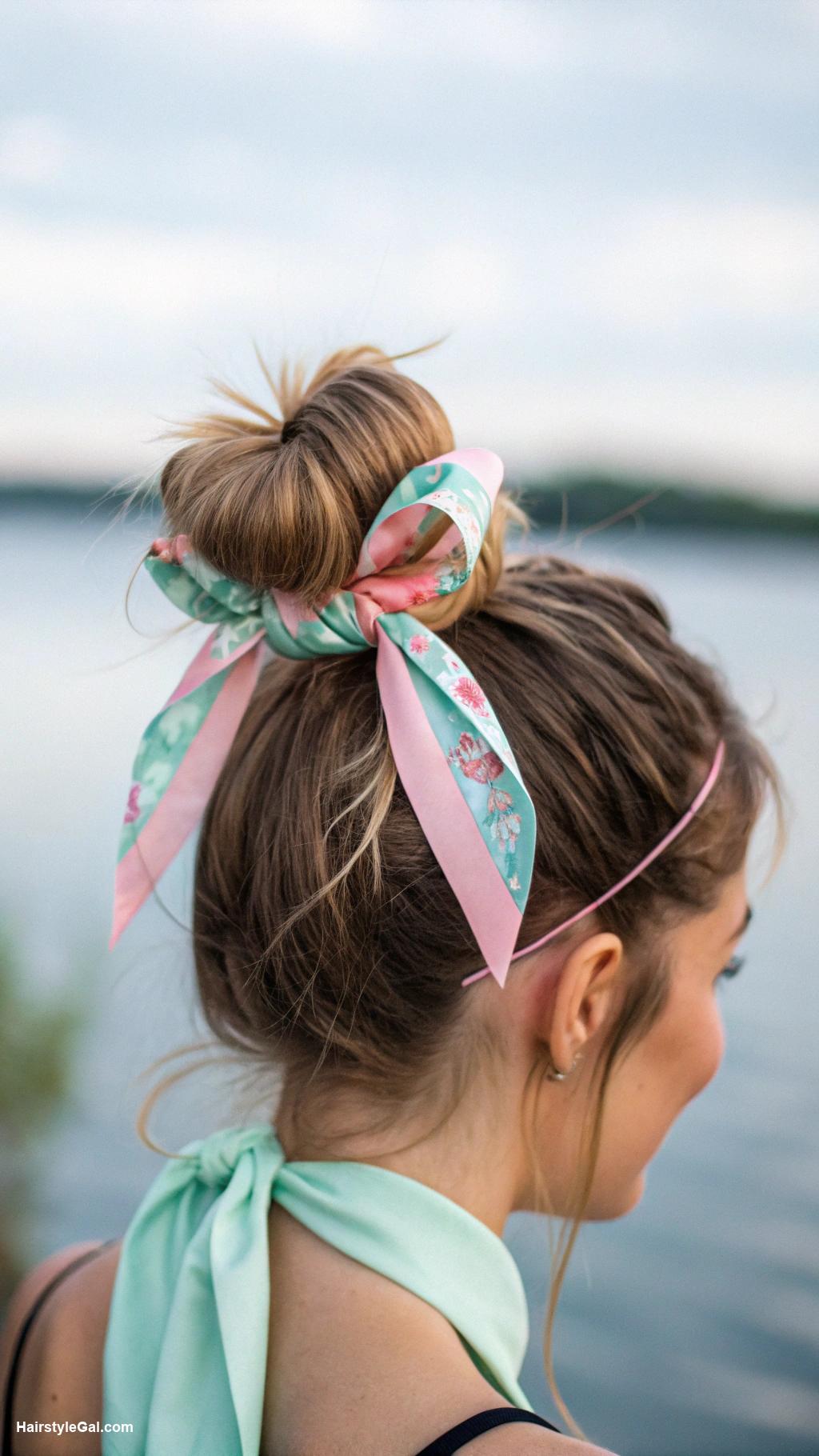 lake day hairstyles Chic top knot with ribbon