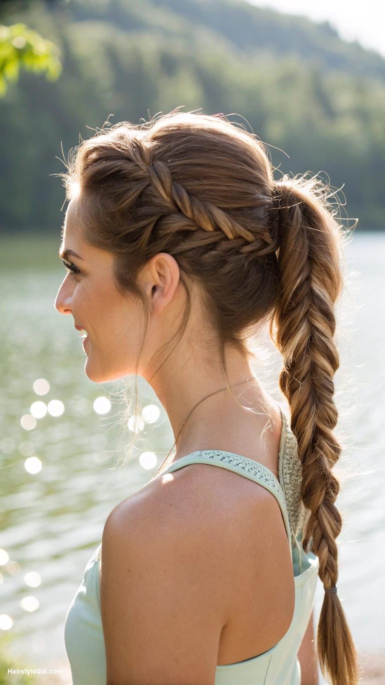 lake day hairstyles Classic ponytail with fishtail braid