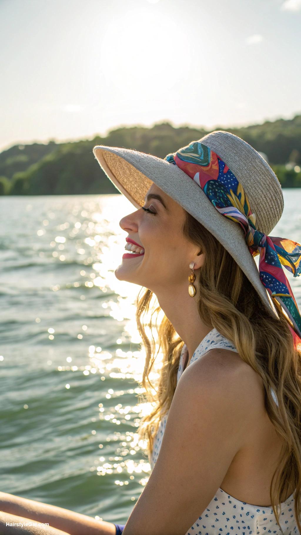 lake day hairstyles Loose waves with sunhat